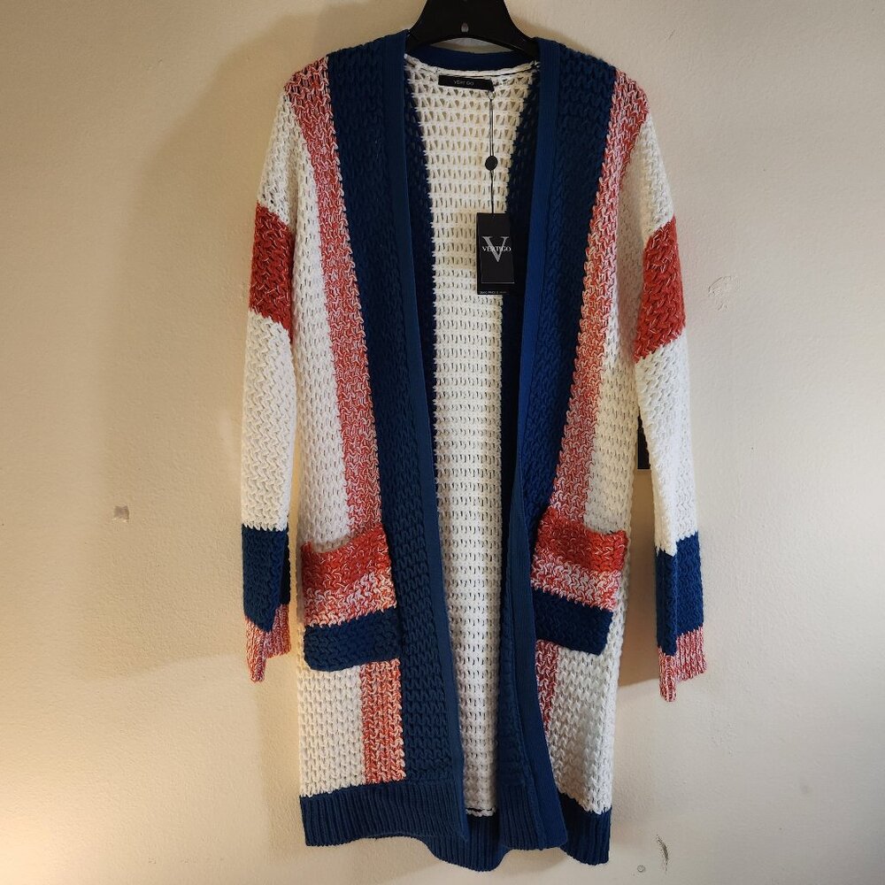 NWT Vertigo Big Knit Open Front LS Cardigan Red, White, Blue Large